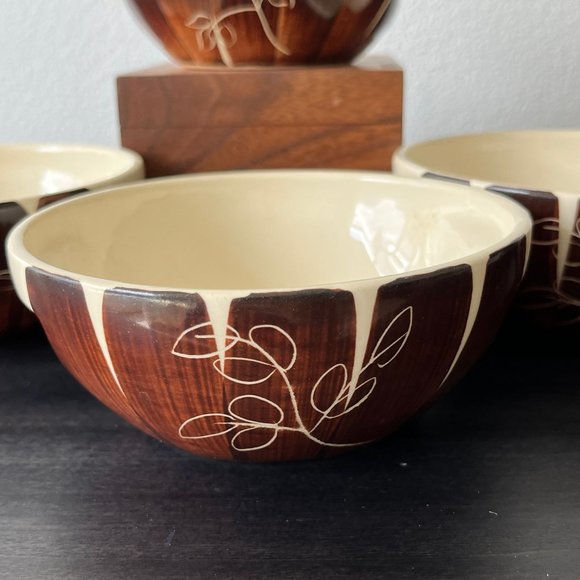 Purinton Pottery Brown Intaglio Cereal Bowls // Set of 4 // Vintage 1950s - Picture 2 of 7